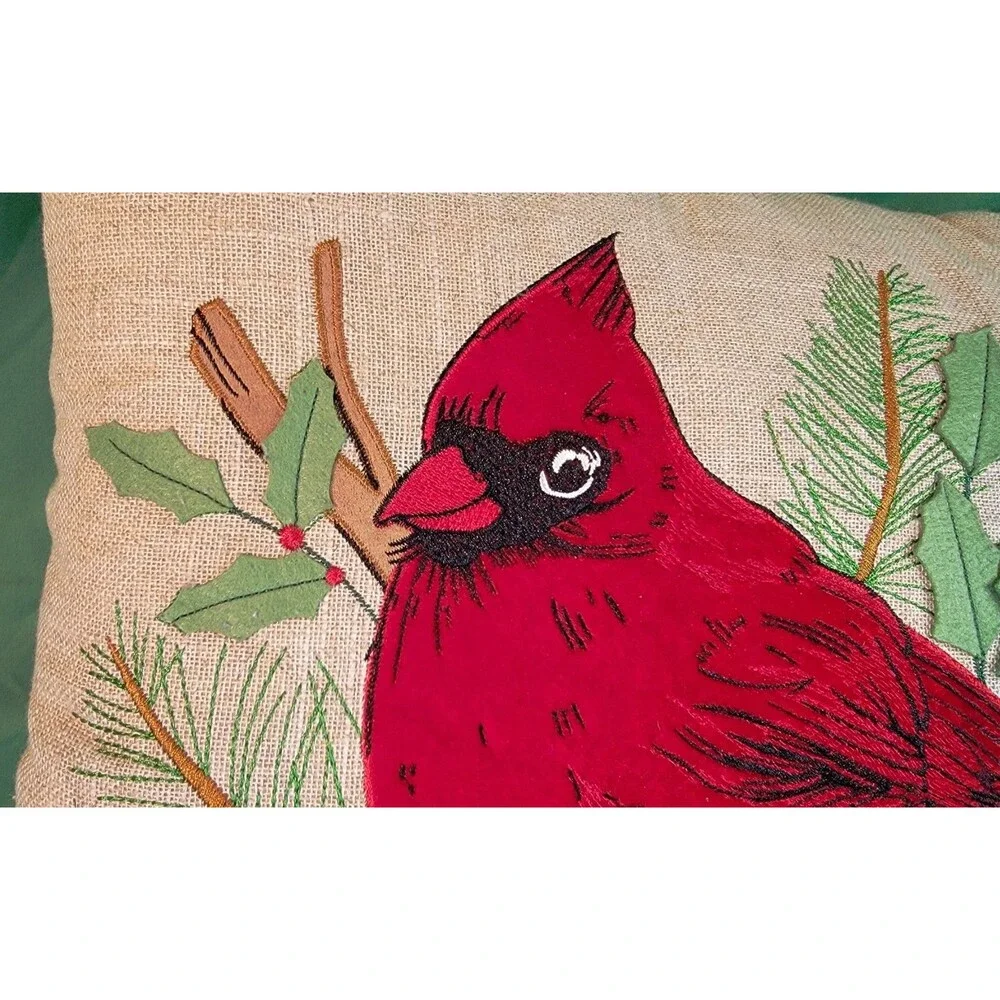 St Nicolas Square Red Cardinal Decorative Embroidered Applique Pillow Burlap 16